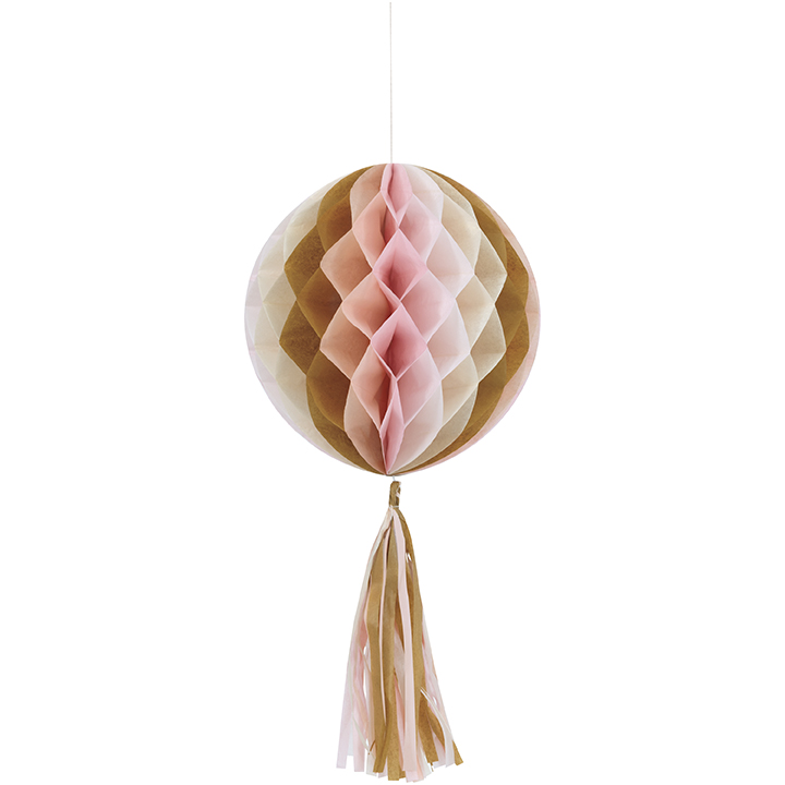 Honeycomb Balls W/Tissue Tassels Pink Marble C/3
