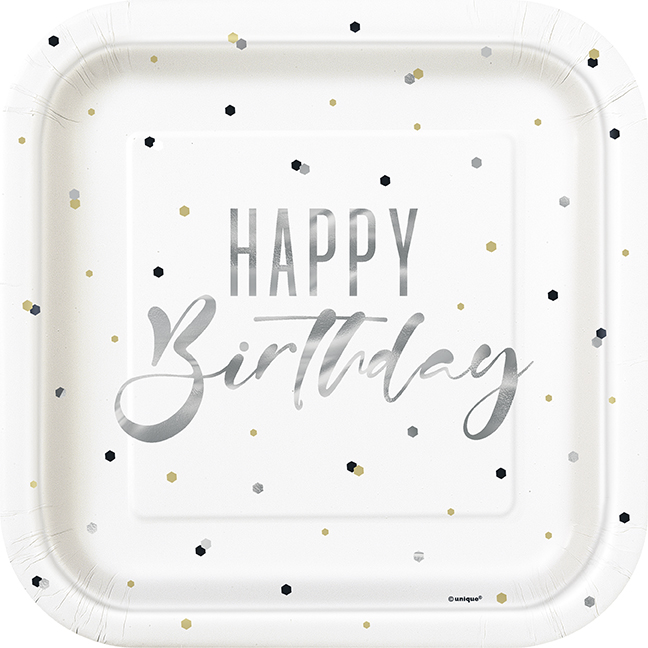 Plato 9 Sq Silver Happy Birthday