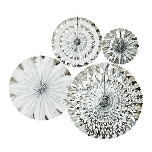 [P8.605008] Set Abanicos de papel Plateado 4pz